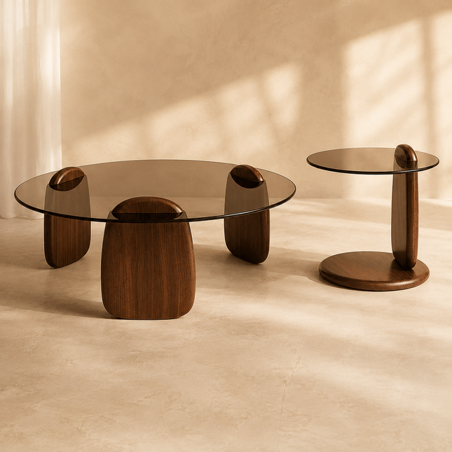 Ganges Prism Mid Century Modern Round Glass Coffee Table with Tempered Glass Top and Wooden Legs for Home Office and Cafe