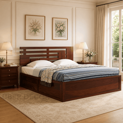 Woodline Storage Bed – Solid Wood Frame with Geometric Headboard