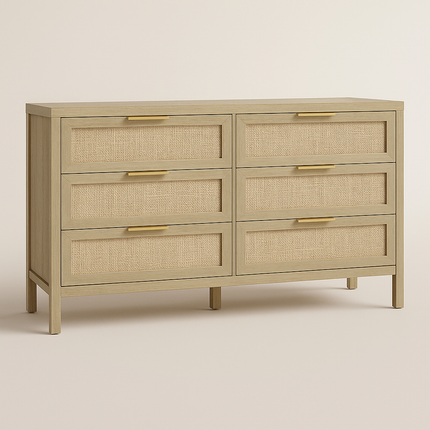Bayshore 6-Drawer Scandinavian Rattan Front Solid Wood Cabinet with Natural Polish & Custom Finish Options for Bedroom, Living Room & Entryway