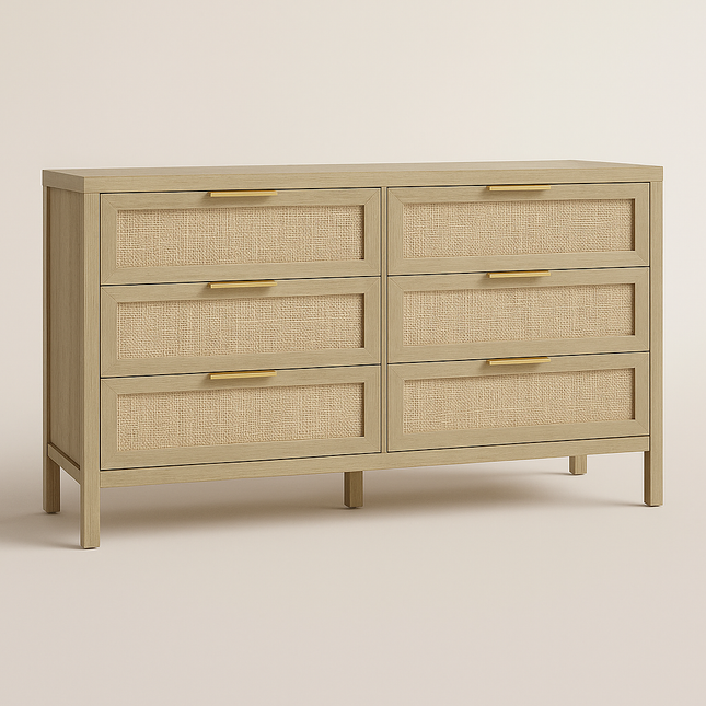 Bayshore 6-Drawer Scandinavian Rattan Front Solid Wood Cabinet with Natural Polish & Custom Finish Options for Bedroom, Living Room & Entryway