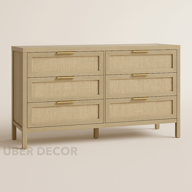 Bayshore 6-Drawer Scandinavian Rattan Front Solid Wood Cabinet with Natural Polish & Custom Finish Options for Bedroom, Living Room & Entryway - Uber Decor