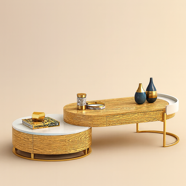 Churchill River Coffee Table with Storage, Modern European Wood and White Functional Center Table with Gold Accents for Living Room