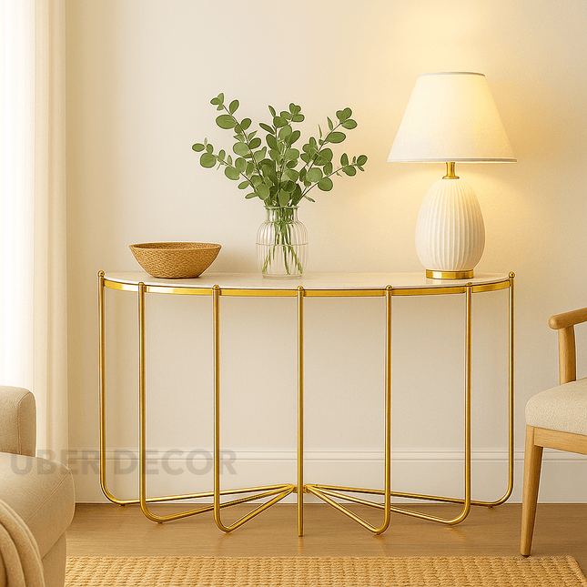Lunelle Mid-Century Modern Console Table – Curved Glass Top with Sculptural Gold Silhouette for Entryway or Hallway
