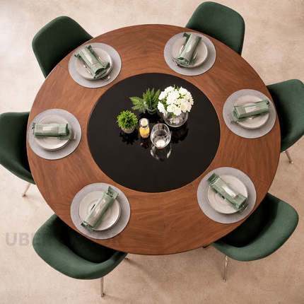 Halo Round Wooden Dining Table with Central Glass Inlay with Solid Pedestal Base for Dining Room