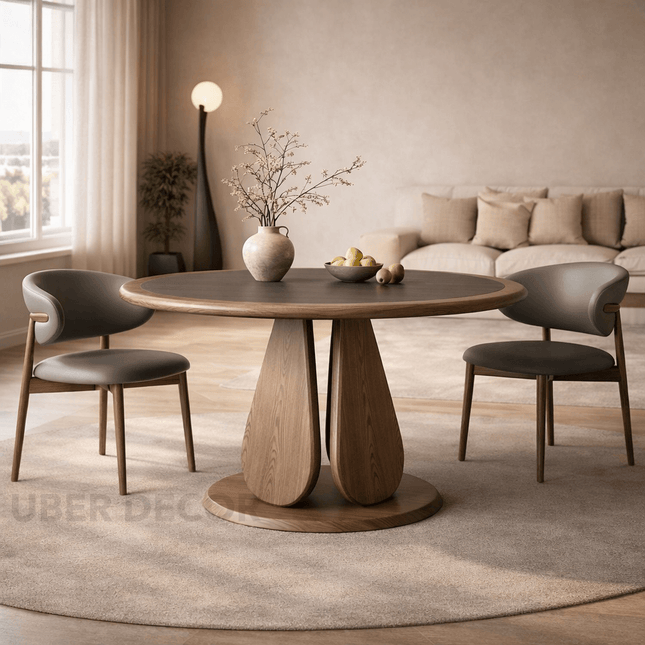 Terra Arc Round Dining Table Japandi Mid Century Modern Design Solid Wood Pedestal Legs Dining Table for Modern Homes