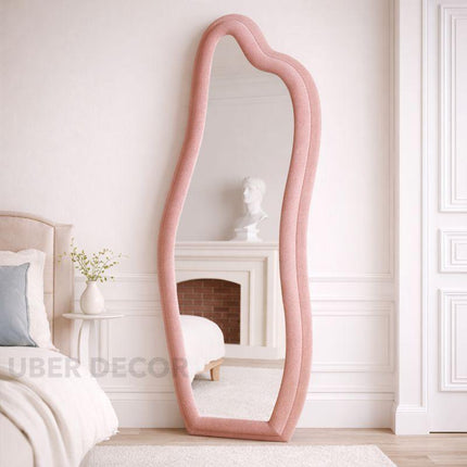Whimsical Wave Upholstered Full Length Bedroom Mirror- Modern Wavy Irregular Arched Mirror