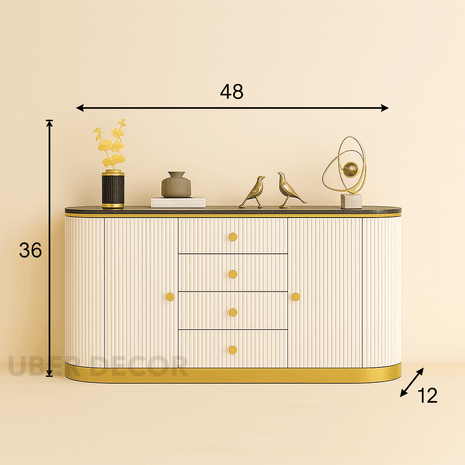 Celeste Grace Side or Console Table – Custom Marble Top with Fluted Cabinet & Metallic Trim Mid‑Century Modern Accent - Uber Decor