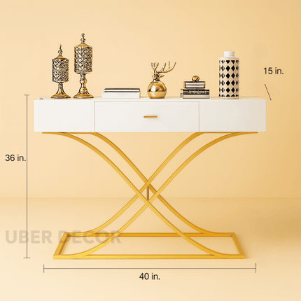 Domus Rise Display Table – White Drawer Top with Sculptural Gold Arch Base Mid‑Century Modern Accent