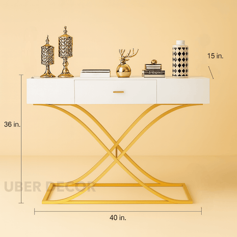 Domus Rise Display Table – White Drawer Top with Sculptural Gold Arch Base Mid‑Century Modern Accent - Uber Decor