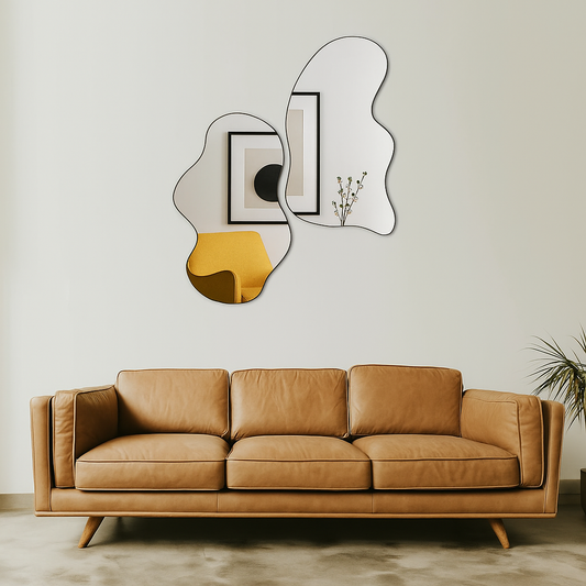 Wavy Elegance Set of 2 Frameless Asymmetric Mirrors- Unique Wavy Aesthetic Decorative Mirror for Living Room