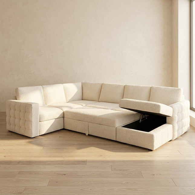 Florence Sectional Sleeper Sofa- 6 Seater Convertible Sofa with Pull-Out Bed with Storage for Living Room and Guest Bedroom