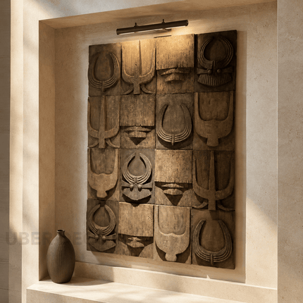 Ancestral Grid Afro Modern Wood Wall Art – Symbol Relief Sculpture