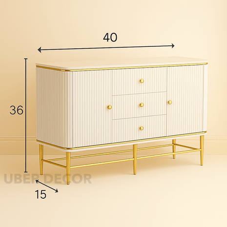 Celestia Pearl Harmony Console Table – Custom Marble Top with Fluted White Lacquer Cabinet and Gold Frame Mid‑Century Modern For Living Room, Bedroom & Entryway - Uber Decor