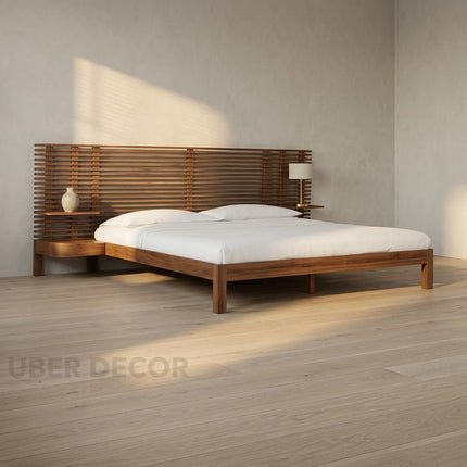 RosewoodGrid Slatted Modern Platform Customisable Bed with Integrated Nightstands