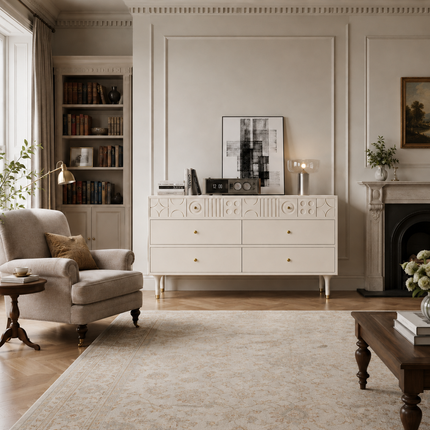 GeoForm Modern Dresser features artistic carved drawer fronts, spacious 6-drawer storage and contemporary style for bedrooms and living rooms