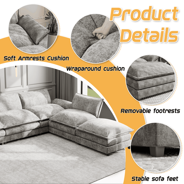 Manila 198" U-Shaped Sofa- 8 Seater Oversized Sectional Sofa with Reversible Toffee Chair & Movable Footrest - Uber Decor