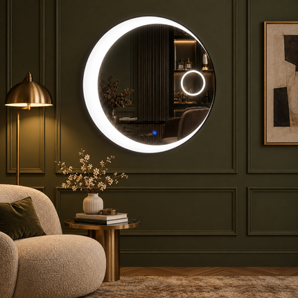 Kaelis Glow Round Mirror Front or Backlit with LED Lights- Touch Sensor Mirror for Bathroom and Bedroom