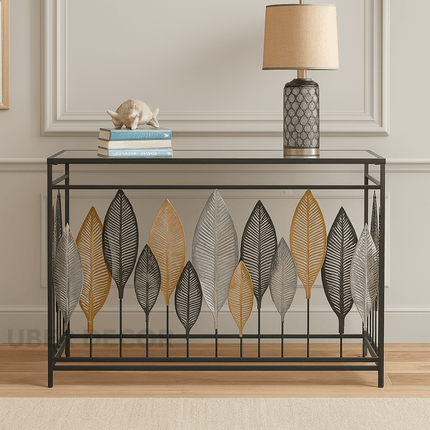 Leafscape Console Table – Glass Top with Metal Leaf‑Motif Front & Slim Frame Entry Accent