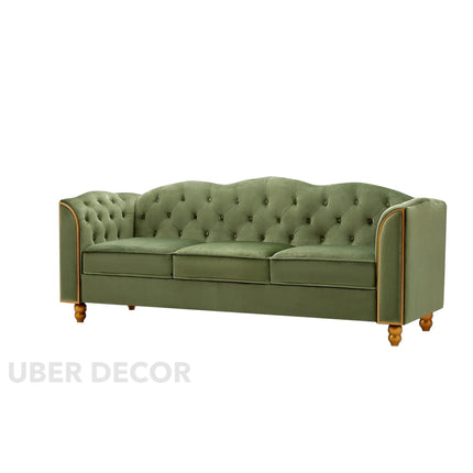Madrid 78" Sofa -3 Seater Modern Large Upholstered Couch with Tufted Button Curved Back Rest & Golden Wood Legs