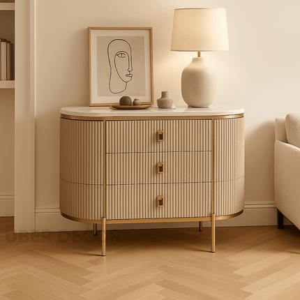 Nexa Vault Entryway Table – Custom Marble Top with Fluted Panel Design & Storage Drawers Mid‑Century Modern Accent