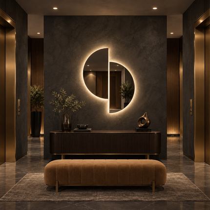 Semi Half Circle Frameless LED Mirror Set with Front or Back Lit for Bathroom Vanity and Modern Interiors