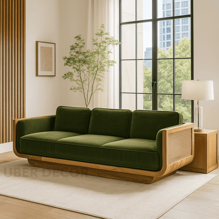 Hanoi Modern 3-Seater Wooden Sofa Luxury Couch with Woven Side Panels for Living Room