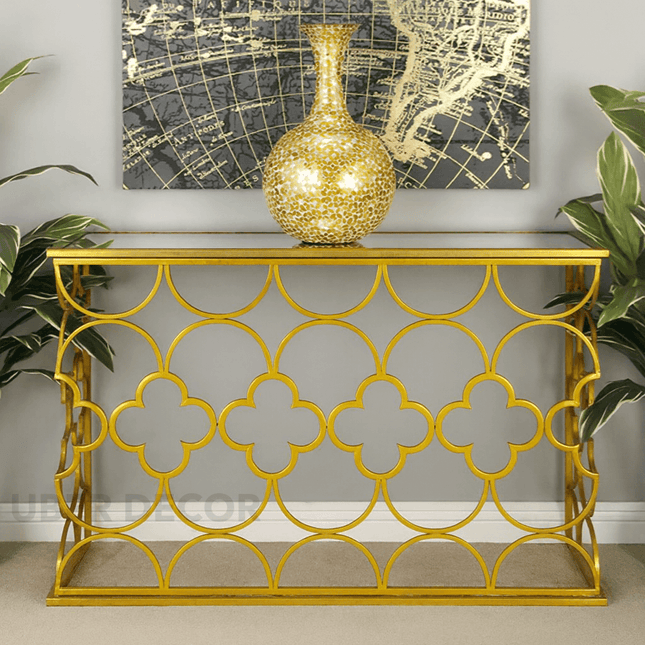 Maison Marque Designer Console Table – Moroccan-Inspired Gold Mirror Console for Luxe Hallways & Living Spaces