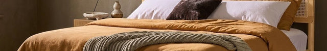 BirchBend Scandinavian Wabi-Sabi Rattan Platform Bed – Japandi Customisable Wooden Bed for Minimalist Interiors