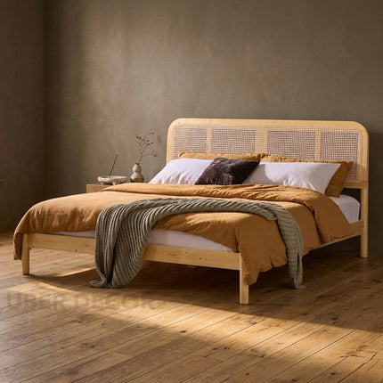 BirchBend Scandinavian Wabi-Sabi Rattan Platform Bed – Japandi Customisable Wooden Bed for Minimalist Interiors