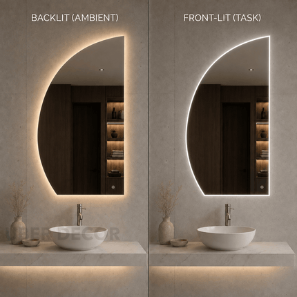 Mabel Asymmetrical LED Mirror – Frameless Wall Hanging Mirror with either Front or Back Lit for Vanity & Bathroom