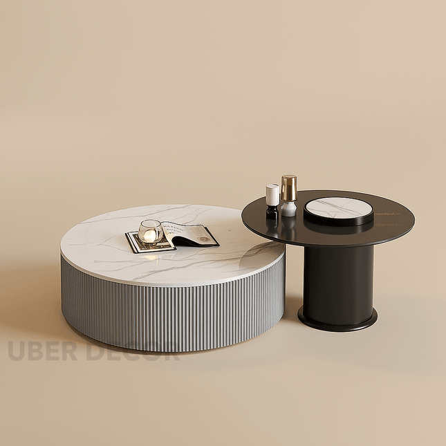 Tiber Oro Italian Luxury Round Coffee Table – Polished Calacatta Marble Top with Gold-Plated Stainless Steel Base, High-Gloss Finish – Minimalist Centerpiece for Lounge and Living Suites