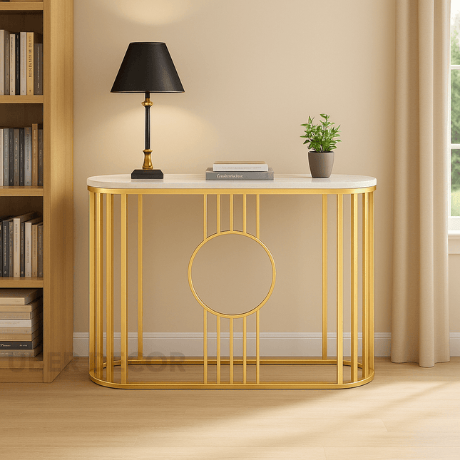 Astraform Console Table – Custom Marble Top with Gold Linear Frame Mid‑Century Modern Entryway Accent
