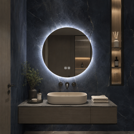 Mandala Round Frameless Front or Backlit Mirror with LED Lights- Touch Sensor Mirror for Bathroom and Bedroom