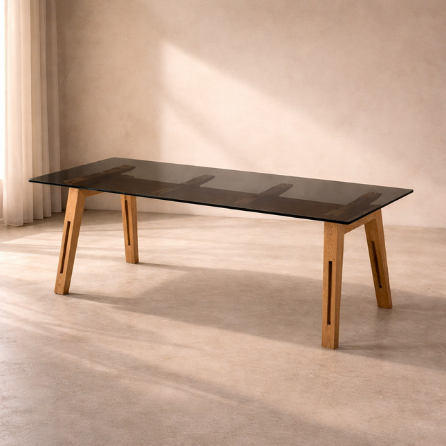 Clarion Dining Table with Black Glass Tabletop and Solid Wood Legs Inspired by Modern European Design for Elegant Dining Spaces