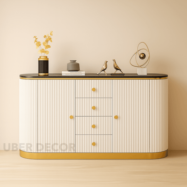 Celeste Grace Side or Console Table – Custom Marble Top with Fluted Cabinet & Metallic Trim Mid‑Century Modern Accent