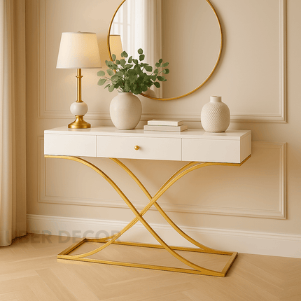 Domus Rise Display Table – White Drawer Top with Sculptural Gold Arch Base Mid‑Century Modern Accent