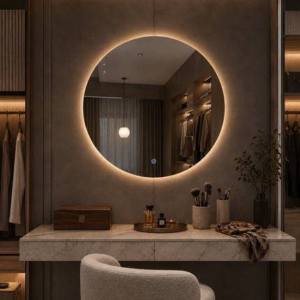 Reflecia Round Cirlce Design led mirror front or back lit  touch button frameless bathroom vanity mirror
