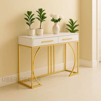 Creston Arc Display Table – White Drawer Top with Gold Sculptural Arch Base Mid‑Century Modern Accent