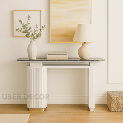 Orion Noir Side or Console Table – Custom Black or White Marble Top with Fluted Detailing Mid‑Century Glam Accent For Entryway & Hallway
