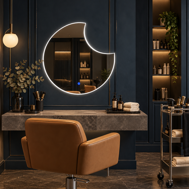 Crescent Moon LED mirror- 3-colour Backlit or front-lit Touch Button LED Frameless Bathroom Vanity Mirror