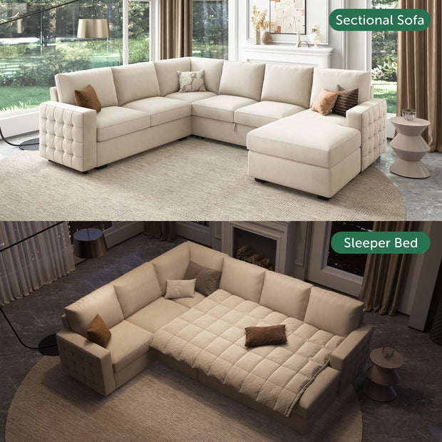Florence Sectional Sleeper Sofa- 6 Seater Convertible Sofa with Pull-Out Bed with Storage for Living Room and Guest Bedroom - Uber Decor