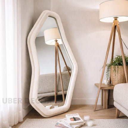 EdgeCraft Irregular Asymmetric Wall Mirror- Suede Velvet Upholstered Frame Fabric Mirror for Bedroom