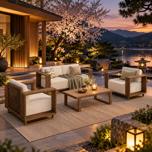 Breezewood Haven Wicker Rattan Outdoor Sofa Set, Patio Conversation Garden Lounge Set, Japandi Boho Poolside Terrace Porch Sofa