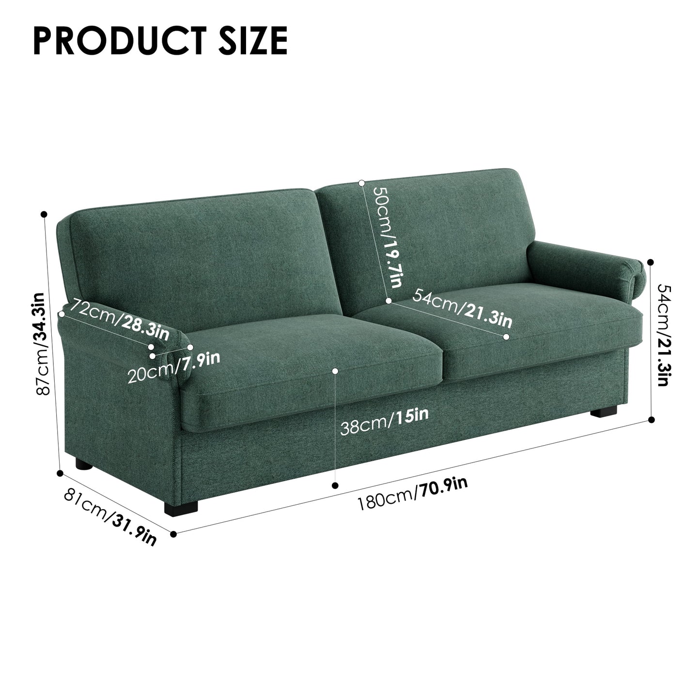 Santorini 71" Sofa- 3 Seater Linen Fabric Sofa with Upholstered Couch with Removable Cushion & Scrolled Armrest