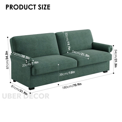 Santorini 71" Sofa- 3 Seater Linen Fabric Sofa with Upholstered Couch with Removable Cushion & Scrolled Armrest - Uber Decor