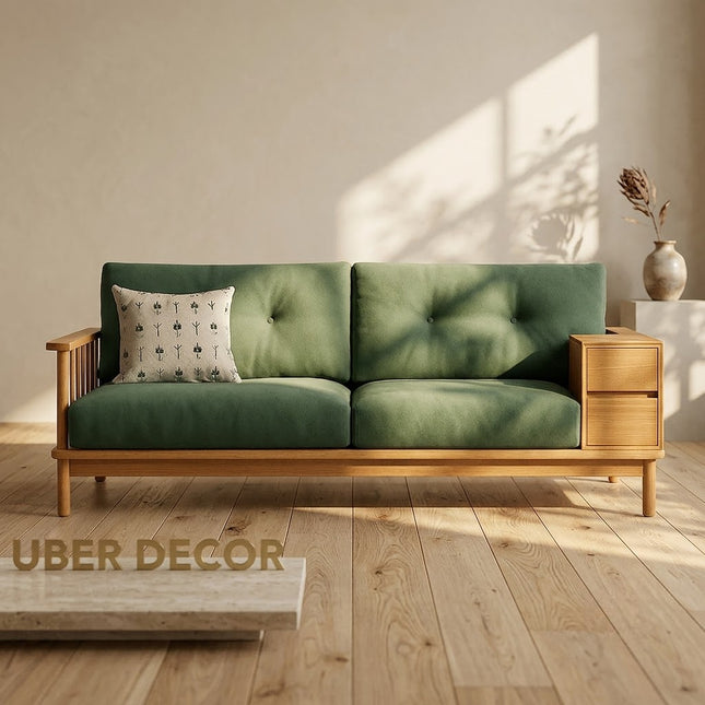 Denton Wooden Sofa with Storage Japandi Functional Couch for Living Room