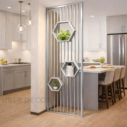 HEXORA Stainless Steel Room Divider For Living Room Bedroom Dining Area Home Office Modern Metal Room Partition With Shelves