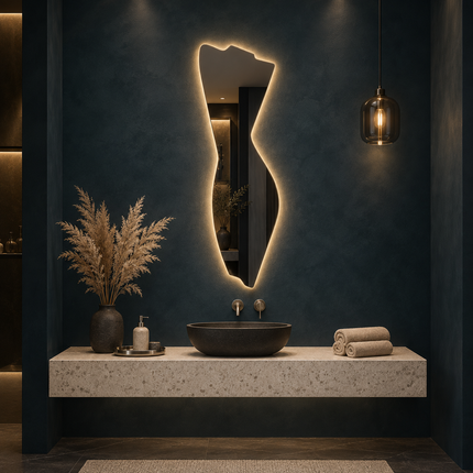 Silka Abstract Frameless LED Wall Hanging Mirror with Front or Back Lit for Bathroom Vanity and Modern Interiors