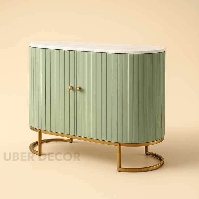 Astra Ellipse Entryway Table – Custom Marble Top with Fluted Front & Curved Base Mid‑Century Modern Accent