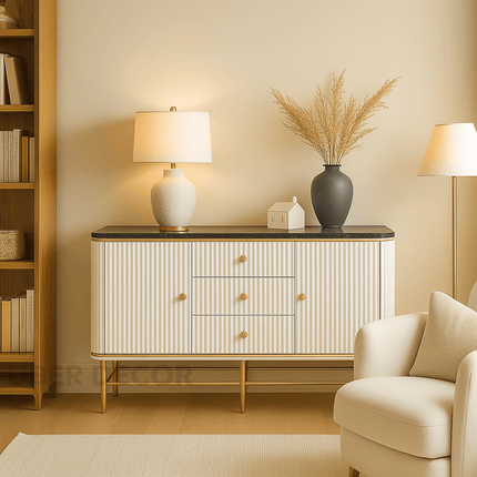 Celestia Pearl Harmony Console Table – Custom Marble Top with Fluted White Lacquer Cabinet and Gold Frame Mid‑Century Modern For Living Room, Bedroom & Entryway